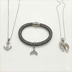3Pc Set Of Travel Themed Jewelry Silver Necklace Glitter Mesh Tube Bracelet